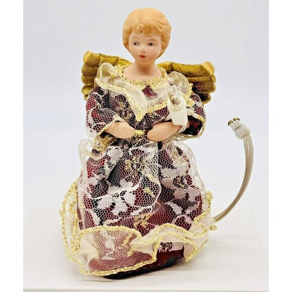 Unbranded Other - Vintage Miniature Angel Tree Topper Porcelain Head Lighted 5.5 inch Red Dress